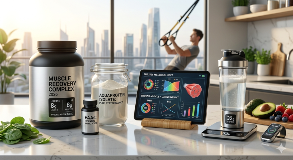 Sleek high-tech wellness kitchen in 2026 showing futuristic clear whey protein supplements, biological age tracker, and metabolic health data on a smart tablet with a person doing resistance training in the city background.